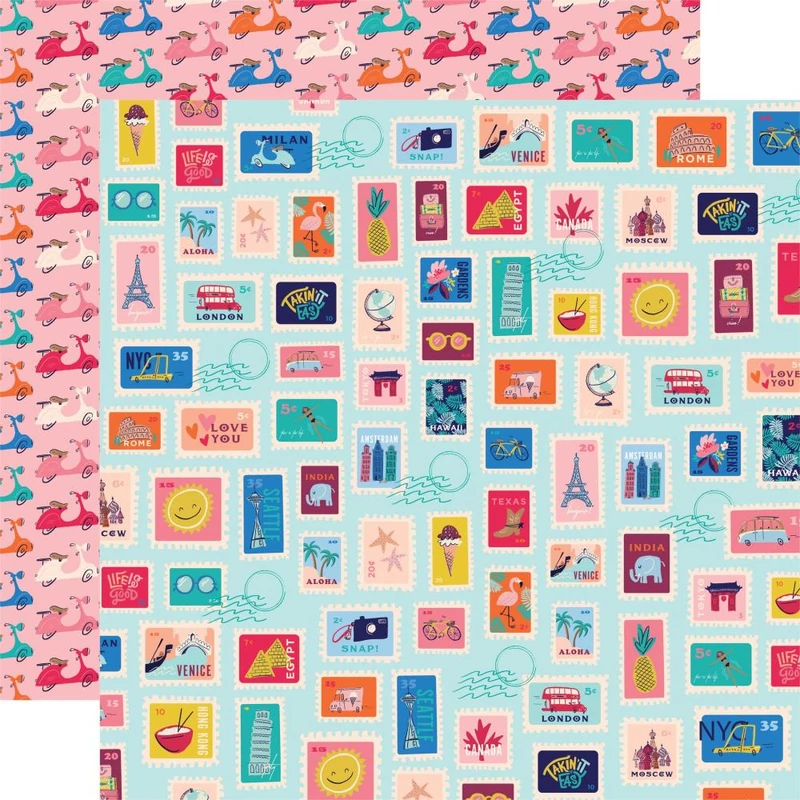 Carta Bella - Let's Travel 12x12 scrapbook paper - Postage Stamps