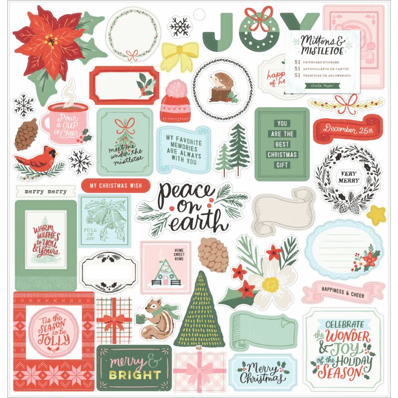 Crate Paper - Mittens and Mistletoe 12x12 Chipboard Stickers