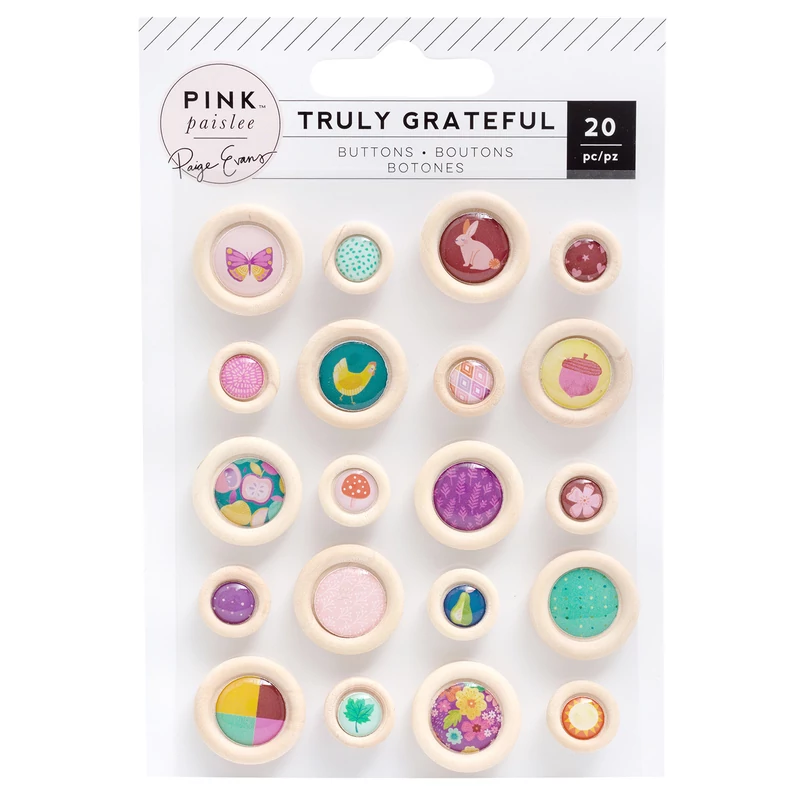 Pink Paislee - Paige Evans - Truly Grateful Epoxy Wood Buttons (20 Piece)